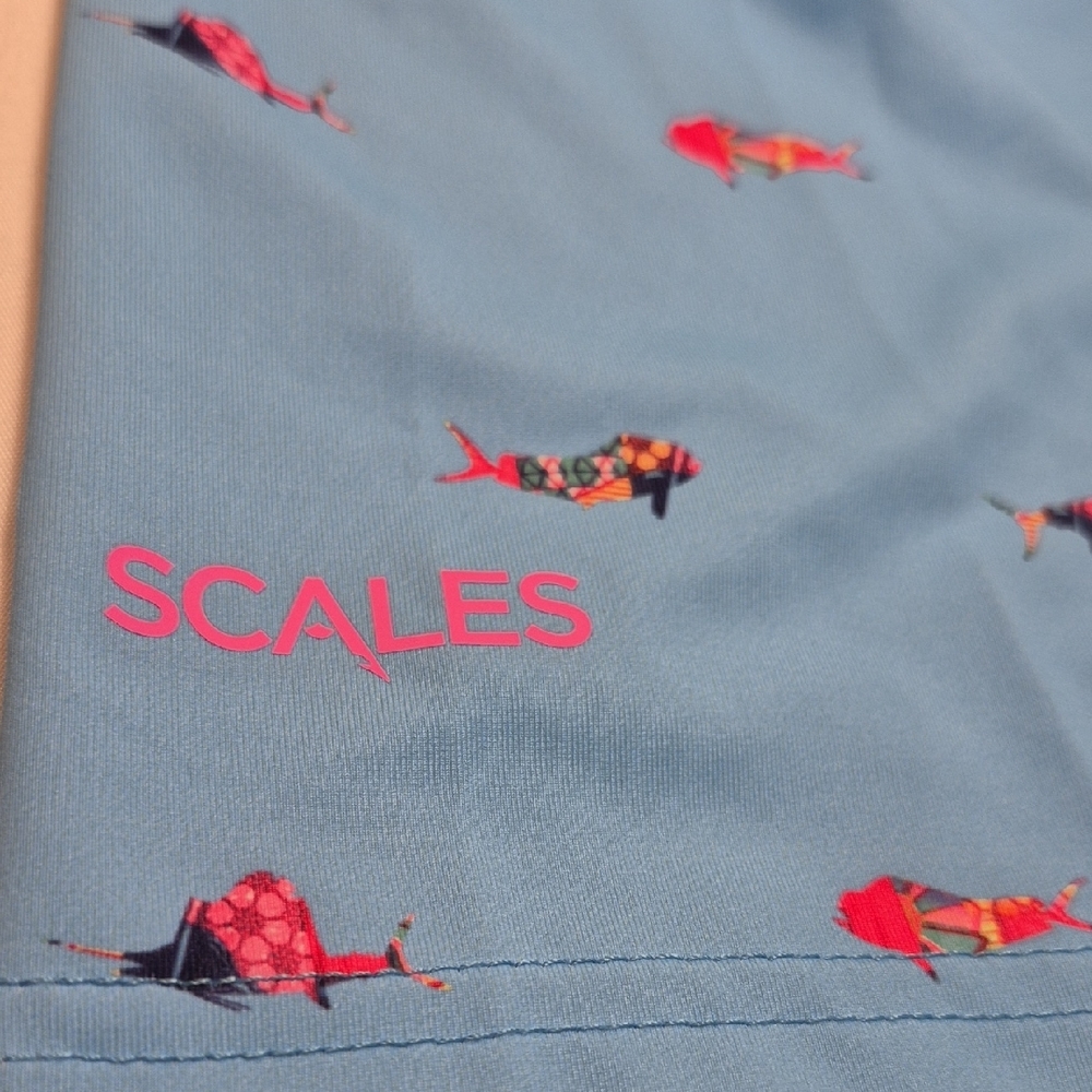 SCALES 3X Golf Polo Short Sleeve Shirt Blue and Pink Tropical Fish Pattern - Picture 10 of 16